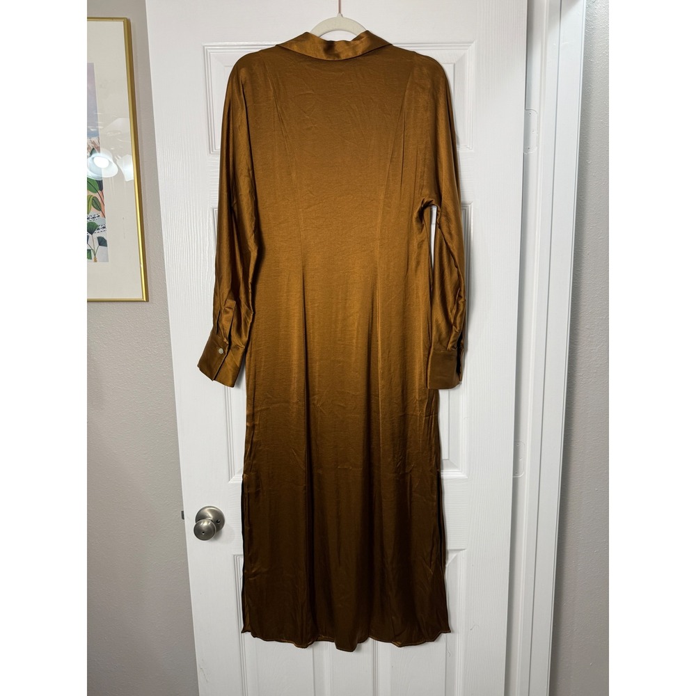 Madewell Shirt Dress Women 6 Brown Excellent Satin Maxi Long Sleeve Button Front - Picture 4 of 6